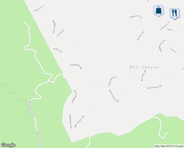 map of restaurants, bars, coffee shops, grocery stores, and more near 80 Saddlebow Road in Bell Canyon