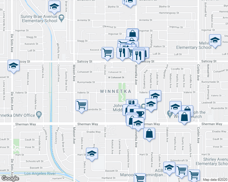 map of restaurants, bars, coffee shops, grocery stores, and more near 20228 Gifford Street in Los Angeles