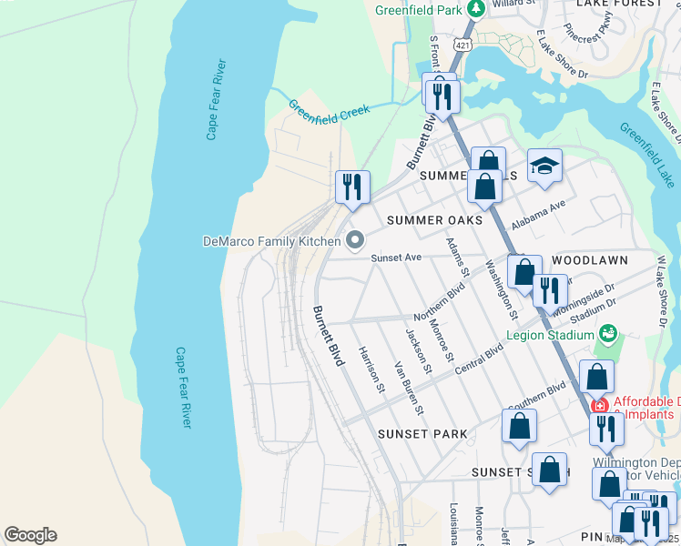 map of restaurants, bars, coffee shops, grocery stores, and more near 17 Madison Street in Wilmington