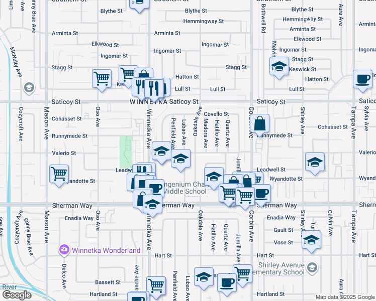 map of restaurants, bars, coffee shops, grocery stores, and more near 7400 Lubao Avenue in Los Angeles