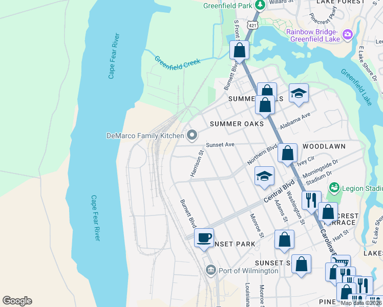 map of restaurants, bars, coffee shops, grocery stores, and more near 22 Madison Street in Wilmington