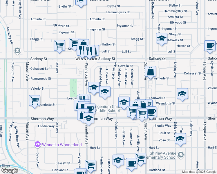 map of restaurants, bars, coffee shops, grocery stores, and more near 7400 Lubao Avenue in Los Angeles