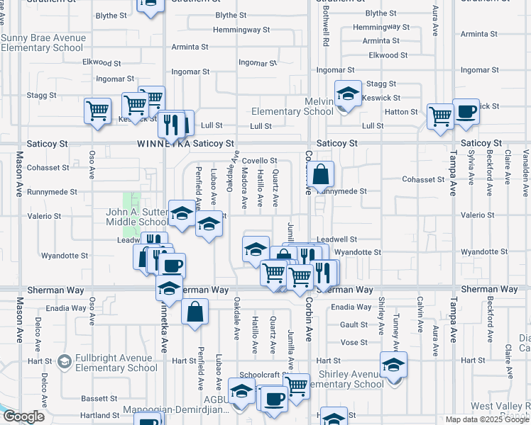 map of restaurants, bars, coffee shops, grocery stores, and more near 7400 Hatillo Avenue in Los Angeles