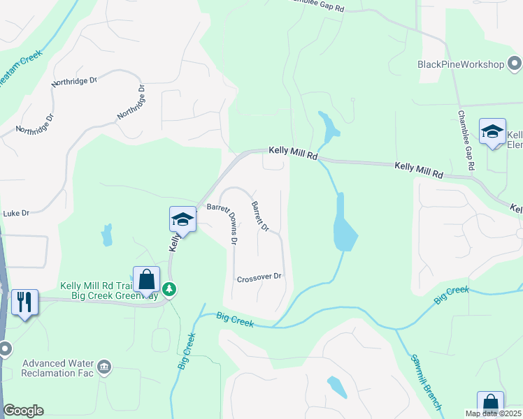 map of restaurants, bars, coffee shops, grocery stores, and more near 1925 Barrett Drive in Cumming