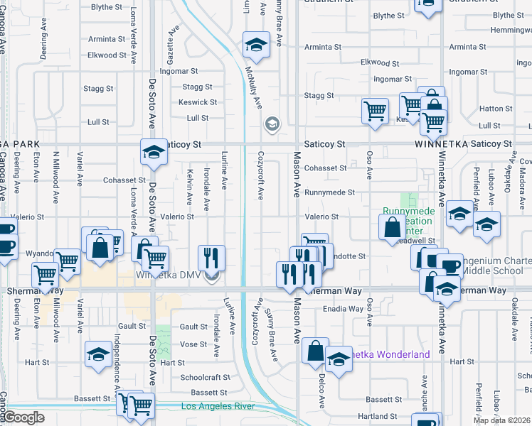 map of restaurants, bars, coffee shops, grocery stores, and more near 7400 Cozycroft Avenue in Los Angeles