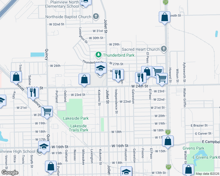 map of restaurants, bars, coffee shops, grocery stores, and more near 2215 Independence St in Plainview