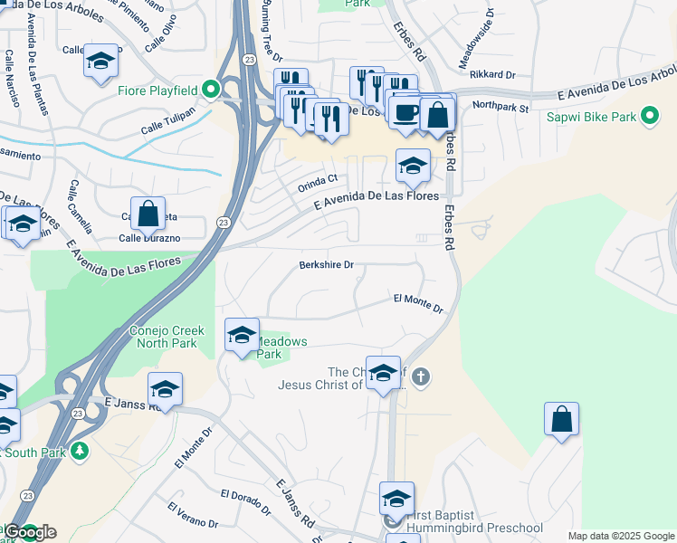 map of restaurants, bars, coffee shops, grocery stores, and more near 1981 Coventry Court in Thousand Oaks