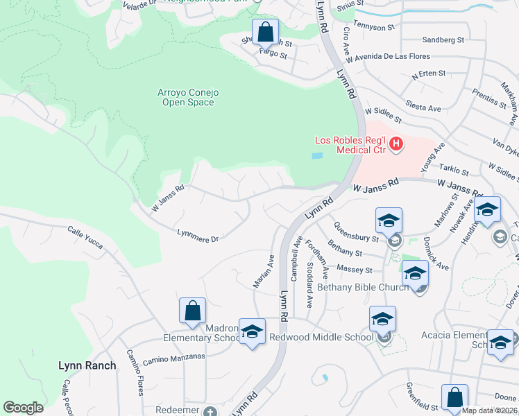 map of restaurants, bars, coffee shops, grocery stores, and more near 594 Lotus Avenue in Thousand Oaks