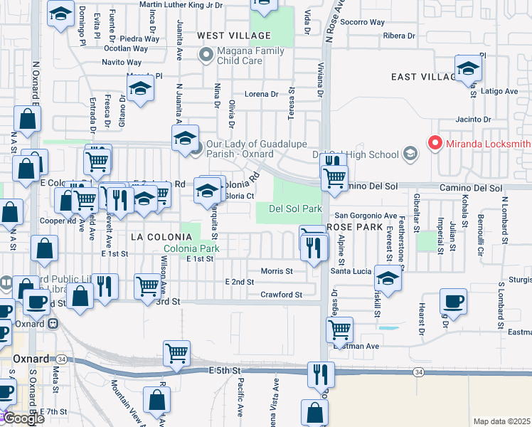 map of restaurants, bars, coffee shops, grocery stores, and more near 135 Carmelita Court in Oxnard