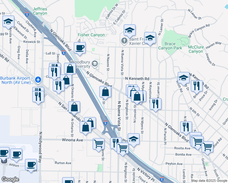 map of restaurants, bars, coffee shops, grocery stores, and more near in Burbank