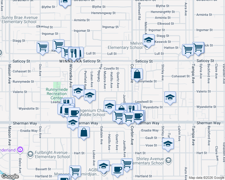 map of restaurants, bars, coffee shops, grocery stores, and more near 7404 Hatillo Avenue in Los Angeles