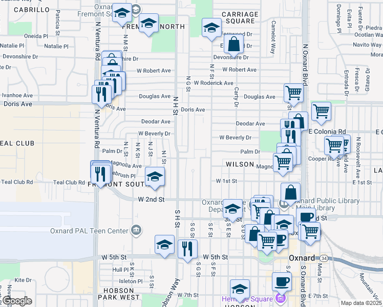 map of restaurants, bars, coffee shops, grocery stores, and more near 300 North G Street in Oxnard