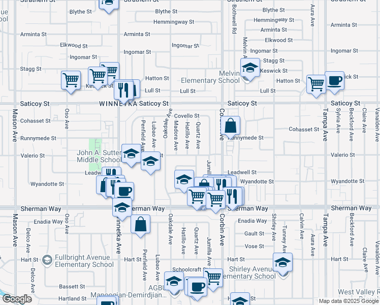 map of restaurants, bars, coffee shops, grocery stores, and more near 7400 Hatillo Avenue in Los Angeles