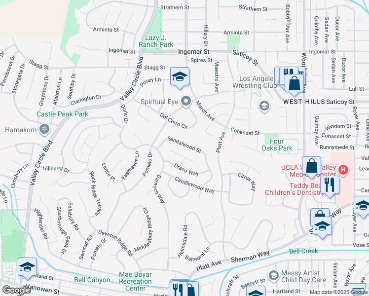 map of restaurants, bars, coffee shops, grocery stores, and more near 23704 Sandalwood Street in Los Angeles