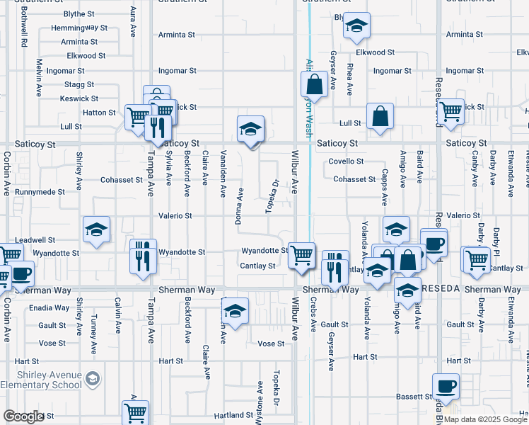 map of restaurants, bars, coffee shops, grocery stores, and more near 7401 Topeka Drive in Los Angeles