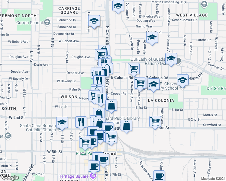 map of restaurants, bars, coffee shops, grocery stores, and more near 121 Cooper Road in Oxnard