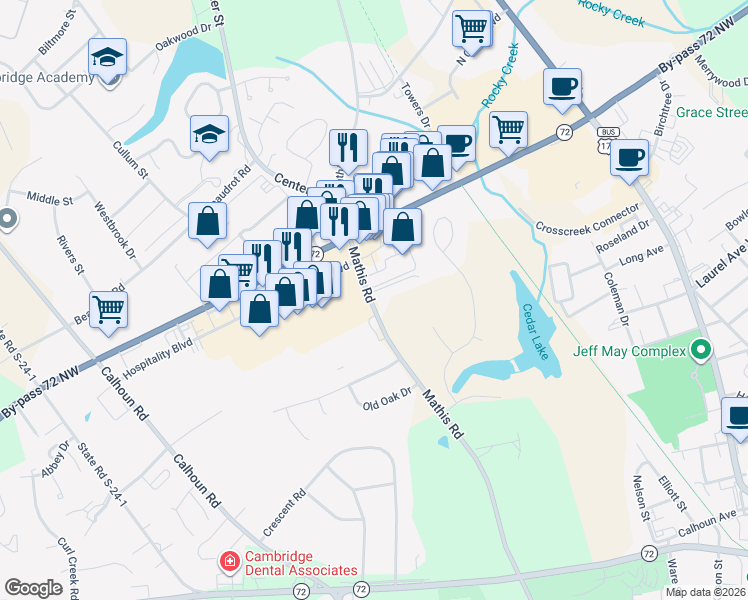 map of restaurants, bars, coffee shops, grocery stores, and more near 1004 Mathis Road in Greenwood