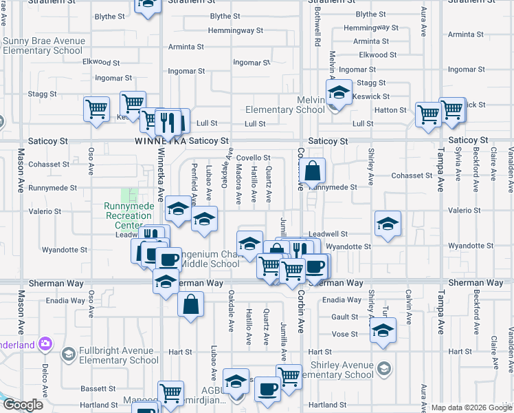 map of restaurants, bars, coffee shops, grocery stores, and more near 7404 Hatillo Avenue in Los Angeles