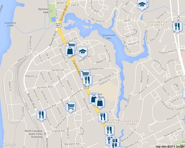 map of restaurants, bars, coffee shops, grocery stores, and more near 611 Ivey Circle in Wilmington