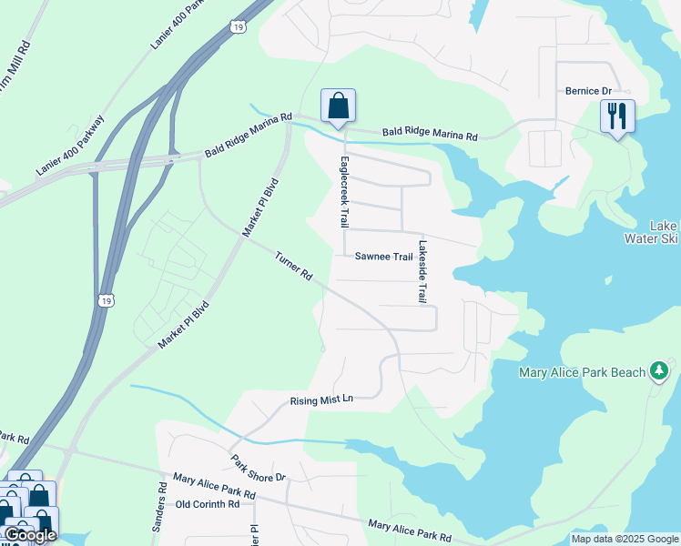 map of restaurants, bars, coffee shops, grocery stores, and more near 2550 Hawk Creek Trail in Cumming
