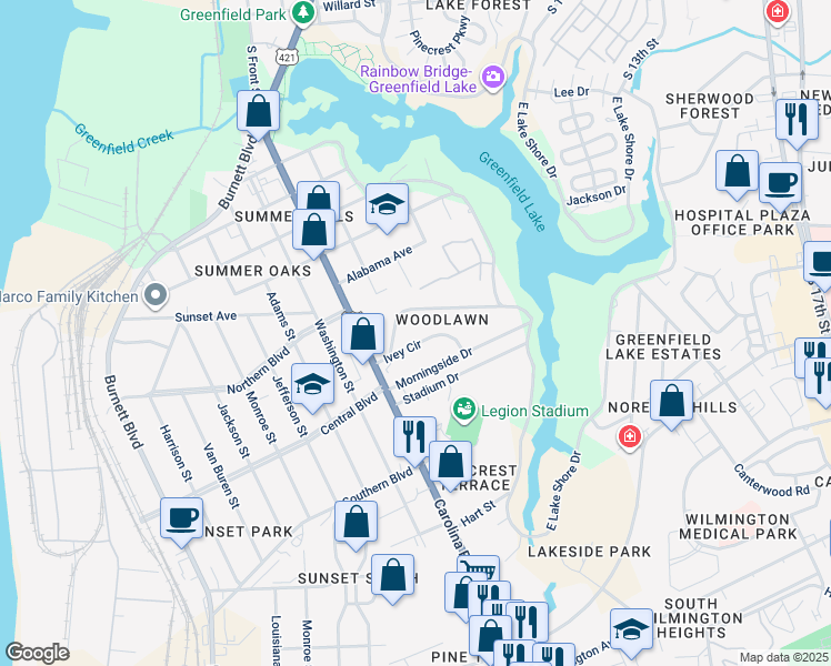 map of restaurants, bars, coffee shops, grocery stores, and more near 611 Ivey Circle in Wilmington