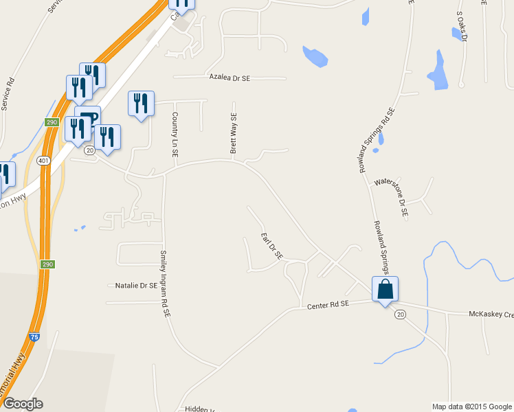 map of restaurants, bars, coffee shops, grocery stores, and more near 32 Earl Drive Southeast in Cartersville