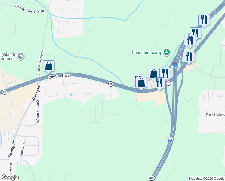 map of restaurants, bars, coffee shops, grocery stores, and more near 5588 Georgia 20 in Cartersville