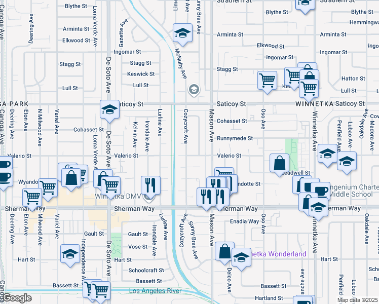 map of restaurants, bars, coffee shops, grocery stores, and more near 7400 Cozycroft Avenue in Los Angeles