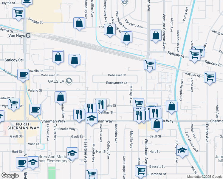 map of restaurants, bars, coffee shops, grocery stores, and more near 13933 Valerio Street in Los Angeles