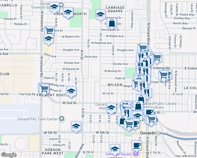 map of restaurants, bars, coffee shops, grocery stores, and more near in Oxnard
