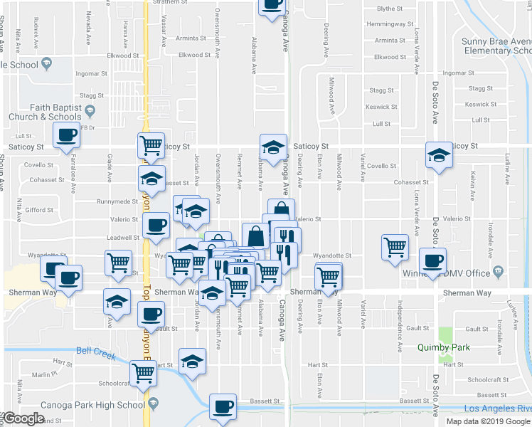 map of restaurants, bars, coffee shops, grocery stores, and more near 7408 Alabama Avenue in Los Angeles
