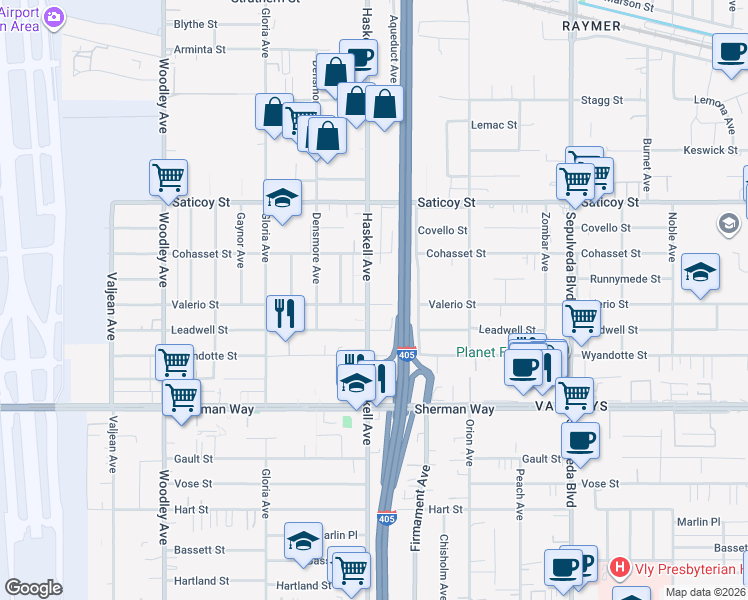 map of restaurants, bars, coffee shops, grocery stores, and more near 7402 Haskell Avenue in Los Angeles