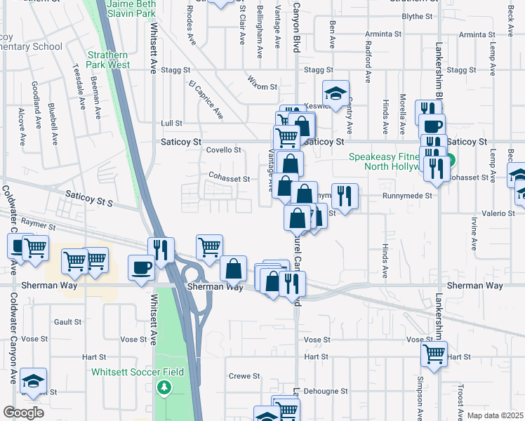 map of restaurants, bars, coffee shops, grocery stores, and more near 12156 Runnymede Street in Los Angeles