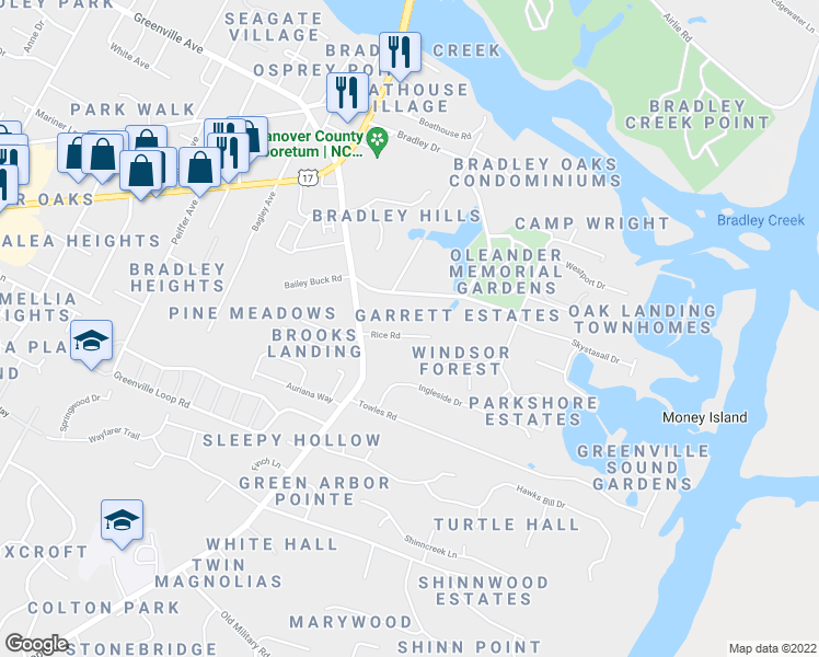 map of restaurants, bars, coffee shops, grocery stores, and more near 121 Rice Road in Wilmington