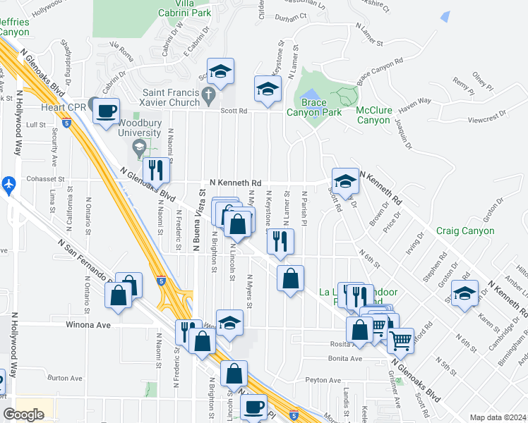 map of restaurants, bars, coffee shops, grocery stores, and more near 2609 North Keystone Street in Burbank