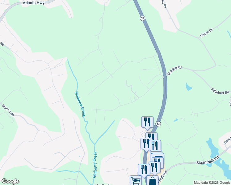 map of restaurants, bars, coffee shops, grocery stores, and more near 3830 Stoney Creek Drive in Flowery Branch