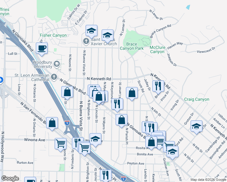 map of restaurants, bars, coffee shops, grocery stores, and more near 2610 North Keystone Street in Burbank