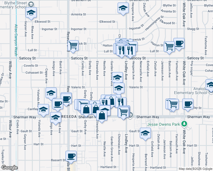map of restaurants, bars, coffee shops, grocery stores, and more near 7402 Nestle Avenue in Los Angeles