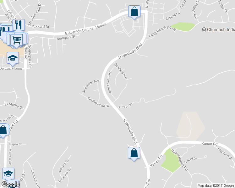 map of restaurants, bars, coffee shops, grocery stores, and more near 2737 Rainfield Avenue in Westlake Village