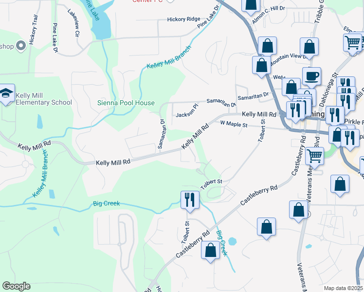 map of restaurants, bars, coffee shops, grocery stores, and more near 329 Kelly Mill Road in Cumming