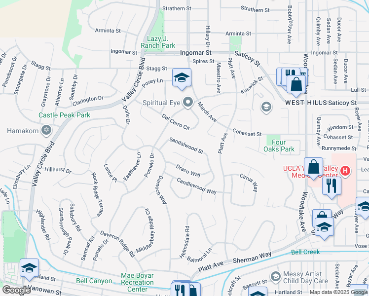map of restaurants, bars, coffee shops, grocery stores, and more near 23708 Sandalwood Street in Los Angeles