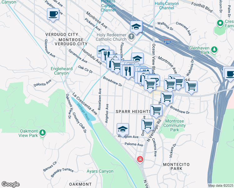 map of restaurants, bars, coffee shops, grocery stores, and more near 3544 Sierra Vista Avenue in Glendale