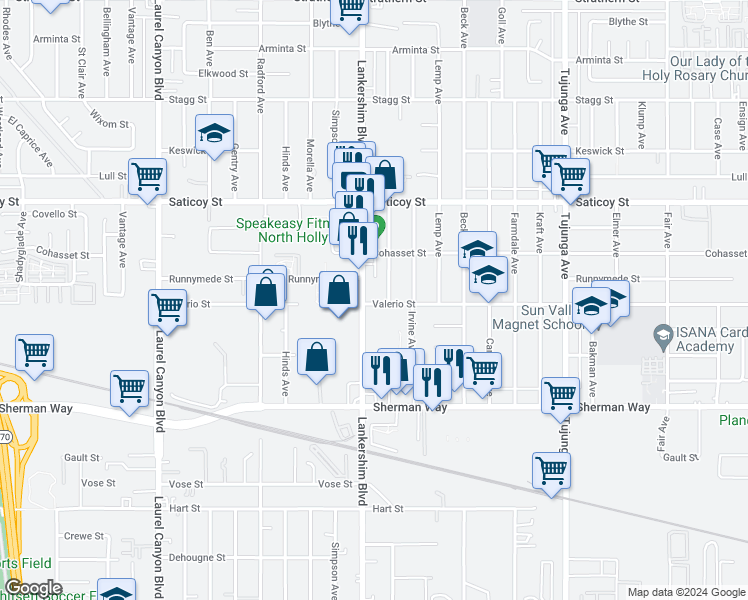 map of restaurants, bars, coffee shops, grocery stores, and more near 7350 Lankershim Boulevard in Los Angeles