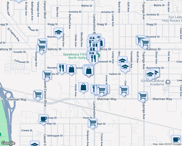 map of restaurants, bars, coffee shops, grocery stores, and more near 7355 Lankershim Boulevard in Los Angeles