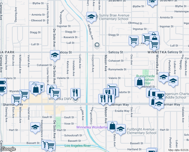 map of restaurants, bars, coffee shops, grocery stores, and more near 20528 Valerio Street in Los Angeles