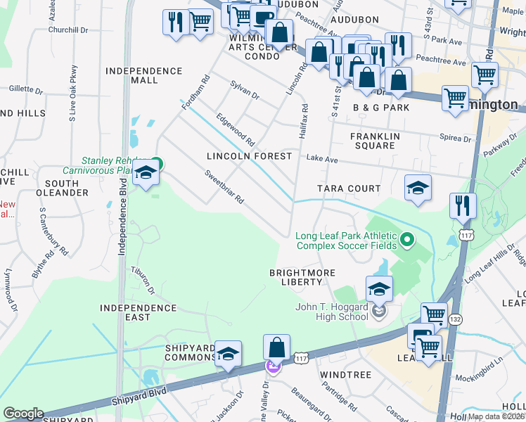 map of restaurants, bars, coffee shops, grocery stores, and more near 3945 Sweetbriar Road in Wilmington