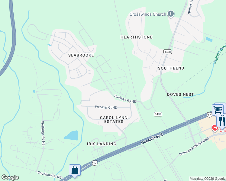 map of restaurants, bars, coffee shops, grocery stores, and more near 269 Buckeye Road Northeast in Leland