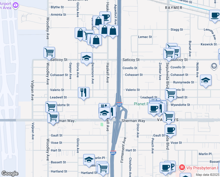 map of restaurants, bars, coffee shops, grocery stores, and more near 7402 Haskell Avenue in Los Angeles