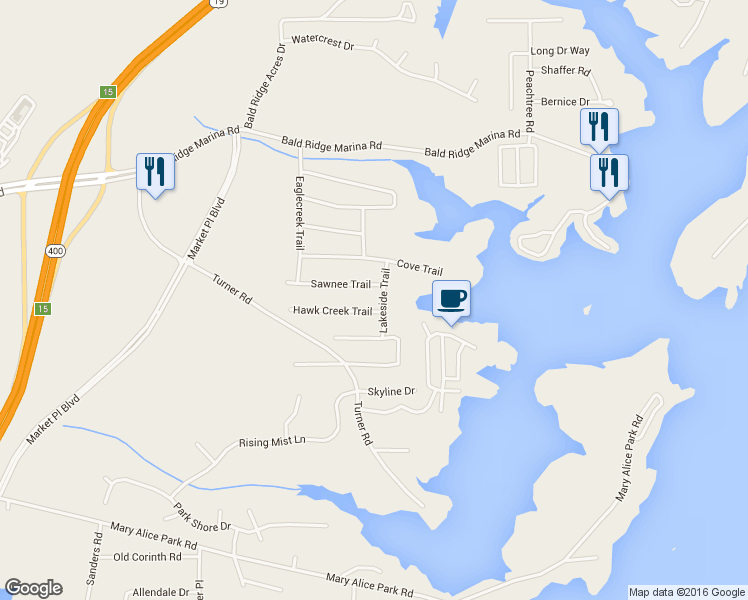 map of restaurants, bars, coffee shops, grocery stores, and more near 2330 Lakeside Trail in Cumming