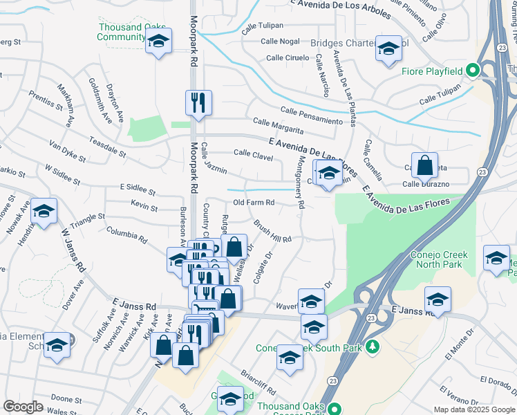 map of restaurants, bars, coffee shops, grocery stores, and more near 828 Old Farm Road in Thousand Oaks